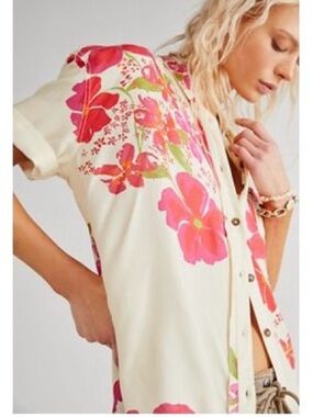 Free People Share Good Vibes ivory pink Button-down shirt XS